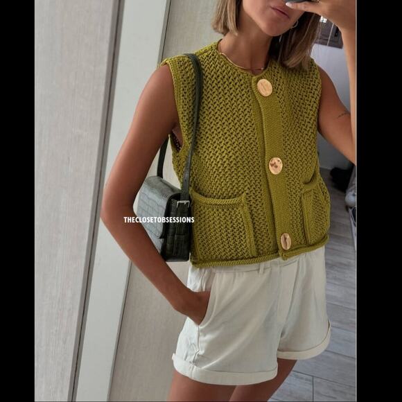 ZARA Knit Top NWT – Pistachio Green Gold Button Vest, Size S - Picture 13 of 16